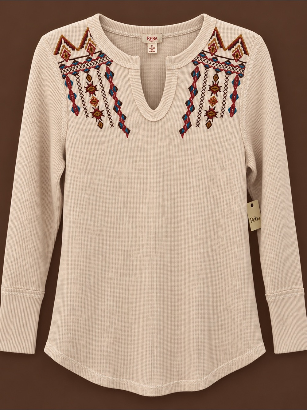 Reba Cream Long-Sleeve Thermal Top with Multicolor Embroidery NWT LARGE 🤎🧡🤎